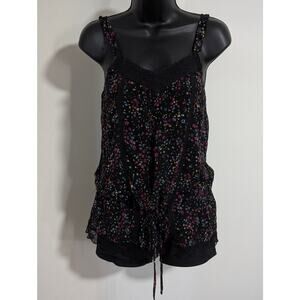 Decree Black & Floral Sheer Overlay Lace Trim Cami Tank Top Size Small
